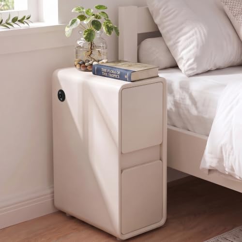 Modern Narrow Leather Nightstands White | Solid Wood Bedside Table with USB Charging Station, Small End Table with 2 Drawers for Bedroom Living Room - color: White, size: 8"