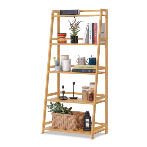 Magshion Bamboo Ladder Bookshelf 5-Tier Ladder Shelf Floor Freestanding Display Shelving Units Storage Rack Plant Stand for Home Office Library (Natural, 27" L x 15" W x 58.5" H)