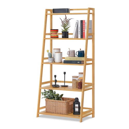 Magshion Bamboo Ladder Bookshelf 5-Tier Ladder Shelf Floor Freestanding Display Shelving Units Storage Rack Plant Stand for Home Office Library (Natural, 27" L x 15" W x 58.5" H)