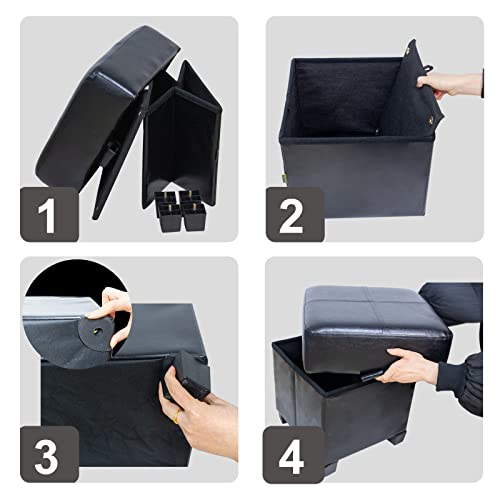 GLAXYFUR Square Storage Ottoman, Cube Ottoman with Legs, Leather Foot Stool | Footrest, PU Leather Ottoman with Storage, Upholstered Folding Bench for Living Room, Bedroom - color: 15.7" Black