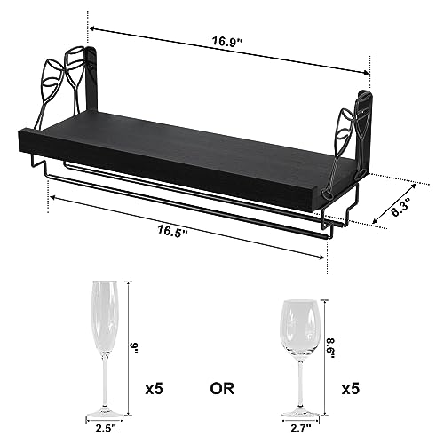 Love-KANKEI Wine Rack with Stemware Hanger,Solid Wood/Bracket,17inch,Black | Wine Glass Rack,Floating Wall Shelf,Easy to Install,40 Lbs/shelf,For Kitchen,Dinning Room,Home Bar,Living Room,Elegant Design - color: Pitch Black