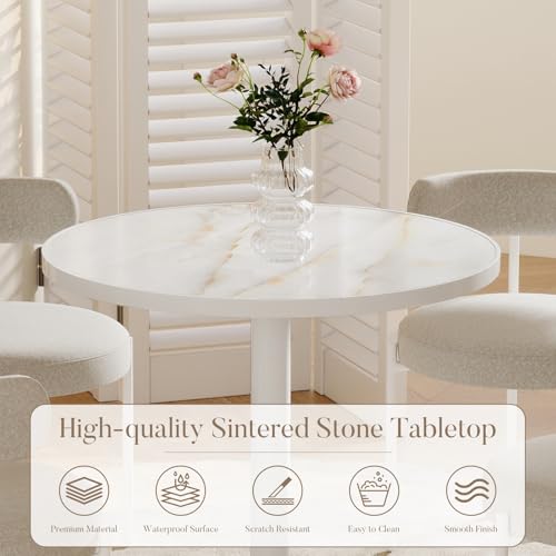 31.5'' Tulip Table, Round Dining Table with Glossy Sintered Stone Tabletop | White Aluminum Alloy Edge & Pedestal, Small Bistro Table for Dining Room/Café/Small Spaces/Restaurant (Crystal Onyx) - color: Crystal Onyx (White Edge), size: Round