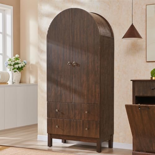 IFGET 71" Tall Arched Pantry Cabinet, Fluted Kitchen Storage Cabinet with Adjustable Shelves and 2 Large Drawers, Freestanding Morden Versatile Cupboard for Living Room, Bathroom, Brown - color: Brown