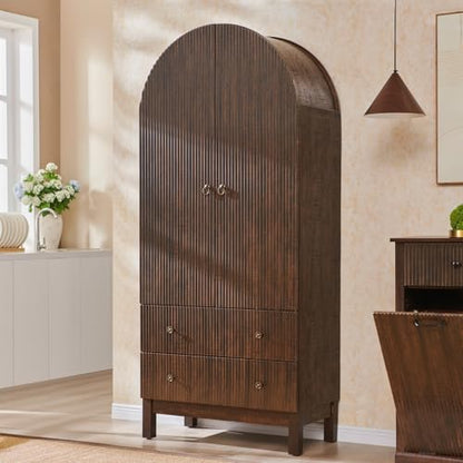 IFGET 71" Tall Arched Pantry Cabinet, Fluted Kitchen Storage Cabinet with Adjustable Shelves and 2 Large Drawers, Freestanding Morden Versatile Cupboard for Living Room, Bathroom, Brown - color: Brown