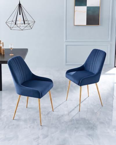 Blue Velvet Dining Chairs Set of 2, Modern Kitchen and Vanity Chairs | Modern upholstered vanity chairs with gold metal legs, stain-resistant hand-quilted fabric, high-density foam cushion seat - color: Blue, size: Set of 2