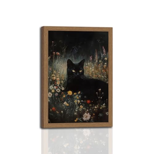 Framed Vintage Black Cat Canvas Wall Art, Gothic Dark Academia Cat Pictures Wall Decor, Moody Floral Animal Paintings Prints Cottagecore Home Decor for Living Room Bedroom 12x16in - color: Wildflower Cat, size: 12x16 Inches