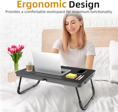 BUYIFY 23.4" Foldable Lap Desk Bed Table with Cup Holder Tray Charcoal | Portable Folds Flat for Easy Storage, No Assembly Laptop Bed Desk, Sturdy and Lightweight, Patent Design - color: Charcoal