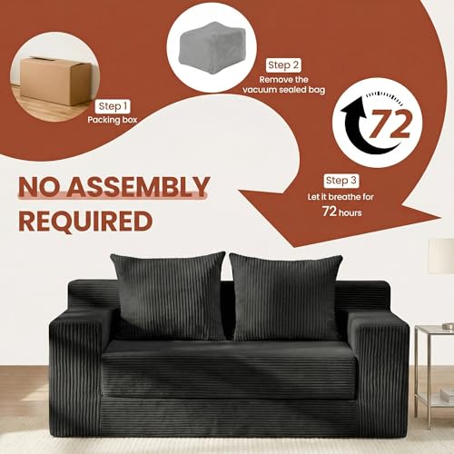 Convertible Sofa Bed, 5 in 1 Small Boneless Couch Pull Out Loveseat Sleeper Sofa,Corduroy Futon Couch Folding Mattress with 4 Pillows for Living Room (Black01, Loveseat)