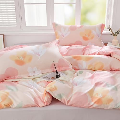 SAPHREAS Pink Floral Duvet Cover Set 2pcs Twin Size Botanical Bedding Comforter Cover Set 100% Cotton 1 Duvet Cover 68"x90" 1 Pillow Sham, Comforter Not Included - color: Clytie, size: Twin (68"x90")