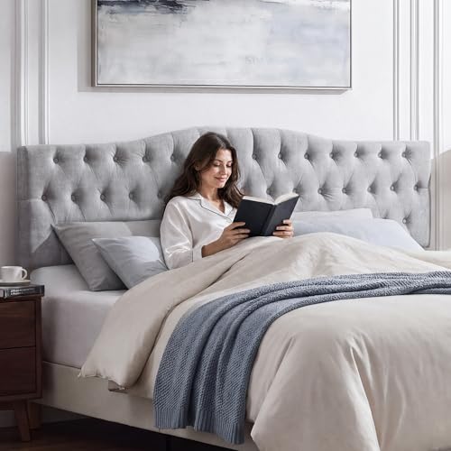 Iroomy Upholstered Headboard, Button Diamond Tufted Headboards with Adjustable Height and Solid Wood Leg, Linen Fabric Padded Headboard for King Size Bed, Mordern Head Board (Grey, King) - color: Gray, size: King