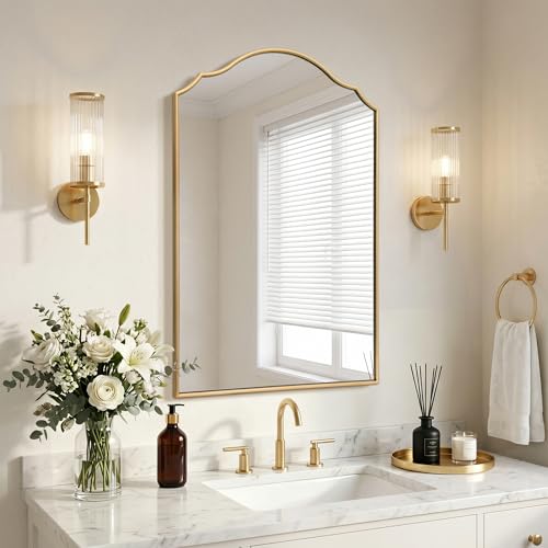 Besdomus Bathroom Mirrors for Over Sink: 24"x36" Gold Wooden Arched Mirror | Modern Minimalist Scalloped Decorative Wall for Vanity/Dresser/Mantel/Bedroom/Entryway/Hallway/Fireplace/Nightstand - color: Gold Leaf, size: 36"L x 24"W