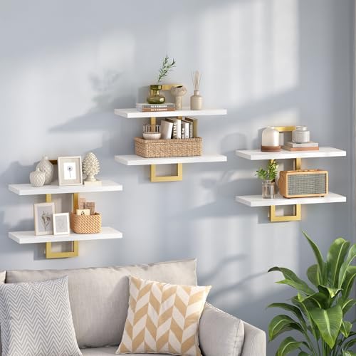 HOOBRO Floating Shelves, 15 Inch Wall Shelf Set of 3, Wall Mounted Storage Shelves 2-Tier, Hanging Bathroom Shelves, for Living Room, Bedroom, Bathroom, Kitchen, White and Gold DW32BJP301 - color: White + Gold