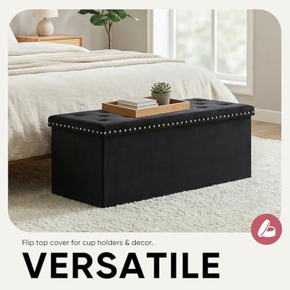 43 Inches Velvet Storage Ottoman Bench, Folding Upholstered Ottoman with Storage for Bedroom Living Room, 140L Capacity - color: Black