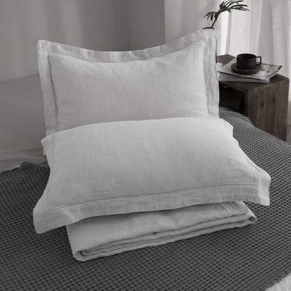 Simple&Opulence 100% Linen Duvet Cover Set with Embroidery Border Washed - 3 Pieces (1 Duvet Cover with 2 Pillow Shams) with Button Closure Soft Breathable Farmhouse - Light Grey, Queen Size - color: Light Grey, size: Queen