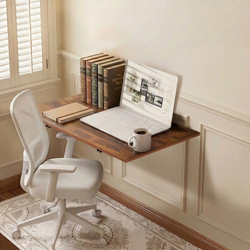 GOYLSER Wall Mounted Folding Table Floating Desk for Small Spaces, Fold Down Laundry Wall Table with Brackets - color: Rustic Brown, size: 25"x15.7"