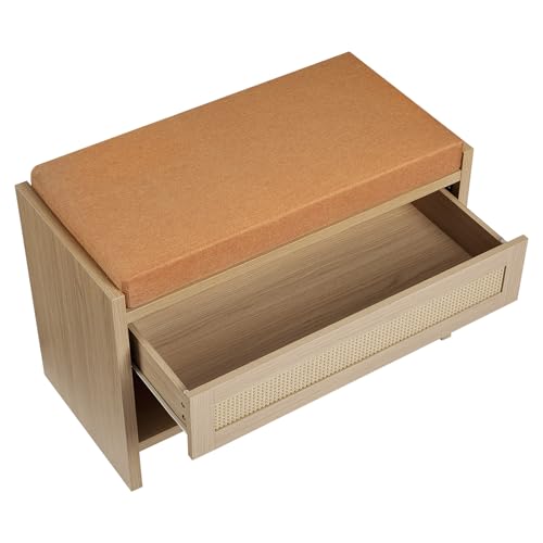 Rattan Drawer Shoe Bench with Soft Cushioned Seat for Hallway | Entryway Storage Shoe Stool - color: Light Oak