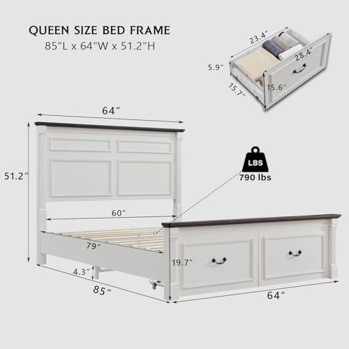 Aitjunz Farmhouse Queen Size Bed Frame with 51" Tall Headboard, Wood Platform Bed Frame with 20" Tall Roman Column Decoration Footboard & 2 Large Storage Drawers, No Box Spring Needed (White) - color: White, size: Queen