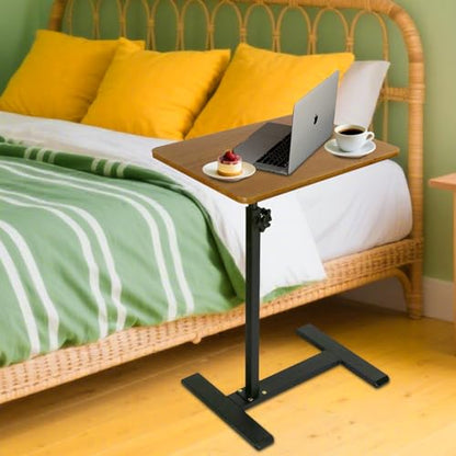 Adjustable Height C Shaped Side Table with Wheels 40 * 60cm | 360° Swivel TV Tray Table, Mobile End Table for Living Room Bedroom Sofa Bed Office - color: Wood Color