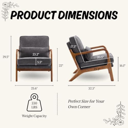 Karl home Mid-Century Modern Accent Reading Chair, Grey | Chenille Upholstered, Solid Wood Frame, Soft Cushion, Lumbar Pillow, Lounge Armchair for Living Room, Bedroom, Balcony, Study - color: Chenille Gray