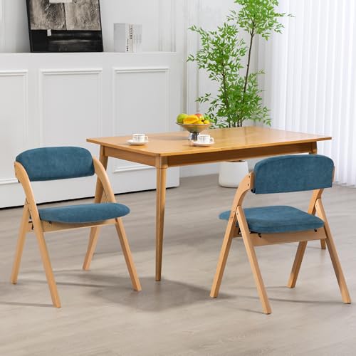 Folding Chairs with Padded Seats | Wooden Stackable Dining Chair Set of 2 with Removable Cover Extra for Guests Kitchen Office Wedding Party Picnic, Smog Blue - color: Smog Blue, size: 2PCS