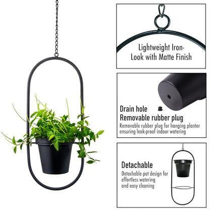 Modern Metal Hanging Planters with 5 Inch Pots - Set of 2 Oval Geometric Plant Hangers - Black Wall and Ceiling Mount Flower Holders for Indoor and Covered Outdoor Houseplants - size: OVAL-5 INCH POT