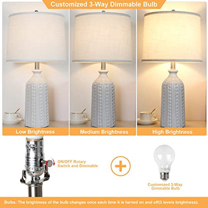 JUNNAI White Ceramic Table Lamp 24.5": 3-Way Dimmable Bedside Lamp with White Drum Slub Shade, Modern Nightstand Lamp for Bedroom & Living Room (Bulb Included) - color: White