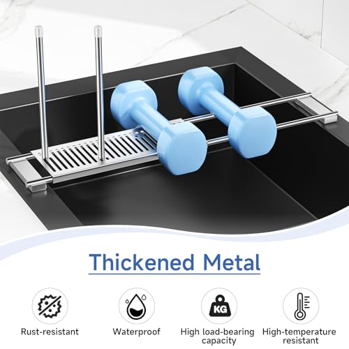 Expandable Over Sink Water Bottle Drying Rack with Dish Cloth Holder, Metal Kitchen Cup Drying Rack, Space-Saving Sink Drainer for Baby Bottles, Bottles, Dish Rags, Gloves & Reusable Bags (Silver)