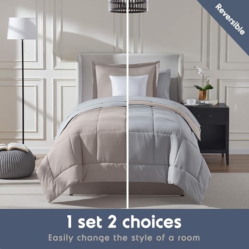 Nestl 5 Piece Twin Comforter Set – Linen Reversible Bed in a Bag – Complete Twin Size Bedding Set with Sheets, Pillowcase and Sham - color: Linen, size: Twin
