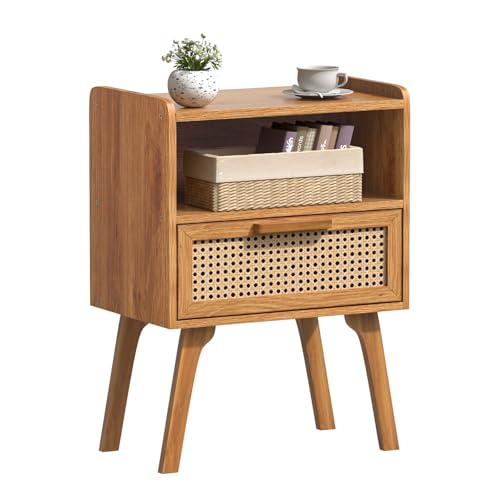 Lerliuo Rattan Nightstand, Side Table with Drawer Open Shelf | Bedside End Table with Solid Wood Legs, Mid Century Modern Night Stand for Bedroom, Dorm and Small Spaces (Tea Brown) - color: Tea Brown, size: 1 pack