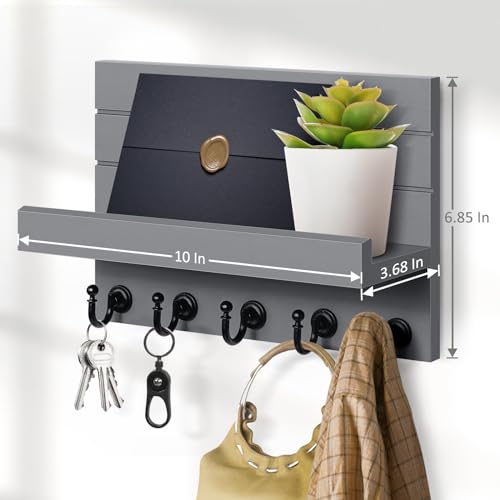 HONJIN Key and Mail Holder for Wall: Rustic Key Hanger Key Rack Organizer with 5 Sturdy Key Hooks for Entryway Bedroom Kitchen House Decor (Grey) | Key and Mail Holder Wall Mount, Wooden Entryway Organizer and Decorative, Easy Installation, 10*3.8*6.85 In