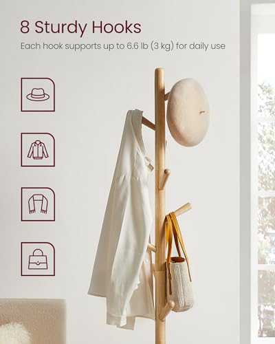 VASAGLE Solid Wood Coat Rack, Free Standing Hall Coat Tree with 8 Hooks, 3 Height Options, for Coats, Hats, Bags, Purses, for Entryway, Hallway, Rubberwood Hooks and Pole, Natural Beige URCR010N01 - color: Natural Beige, style: Square Base + Cylindrical H