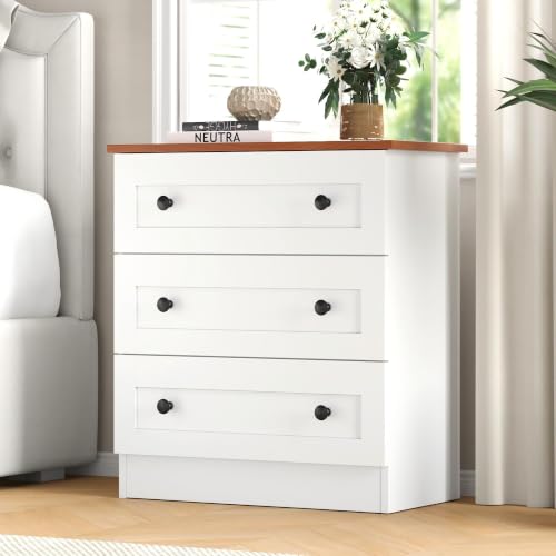 Furnify Farmhouse 3 Drawer Dresser, Small Chests of Drawers, White & Walnut | Farmhouse Wood Nightstand Bedside Cabinet End Table, Modern Closet Storage Organizer for Bedroom, Living Room - size: 11.8"D x 22.8"W x 25.2"H (3 Drawers)