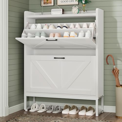 GRUSIGN Shoe Cabinet, Shoe Storage Cabinet with 2 Flip Drawers & Adjustable Shelf, Space-Saving Shoe Organizer – Holds 16+ Pairs, Narrow Shoe Cabinet Storage for Entryway/Hallway（White） - color: White