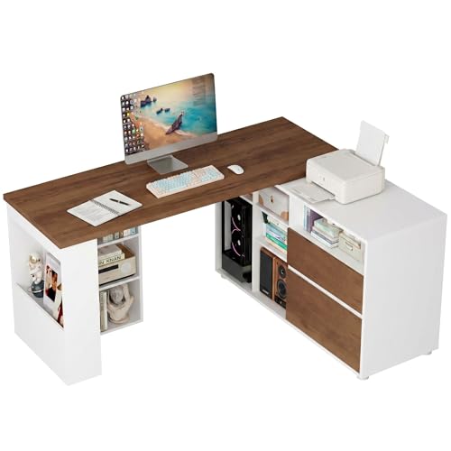 L Shaped Desk with 2 Drawers and 3 Shelves, 60" Reversible Corner Desk, Computer Desk with 10 Cubby Storage Organize, Home Office Executive Desk for Writing Study Work, White