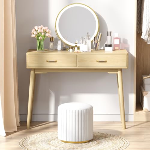 Small Wood Desk with Drawers, 40 Inch Vanity Desk no mirror, Writing Desk | FUNKOCO Study Desk with 4 Solid Legs, Modern Computer Desk for Small Spaces, Home Office - color: Wood