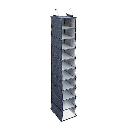 Household Essentials Hanging Narrow Cotton Blend and Plastic Closet Organizer with 10 Storage Shelves, Denim - color: Denim