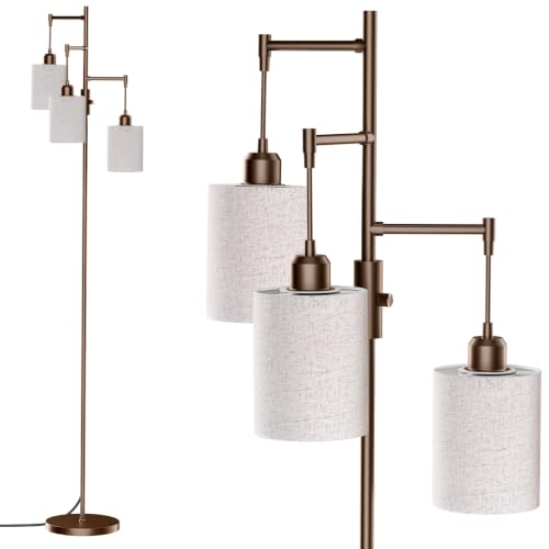 Dimmable Floor Lamp, Tall Standing Lamp with Linen Shade, Industrial Tree Floor Lamps for Living Room Bedroom Office, 3 x 1000LM LED Bulbs Included