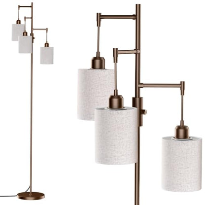 Dimmable Floor Lamp, Tall Standing Lamp with Linen Shade, Industrial Tree Floor Lamps for Living Room Bedroom Office, 3 x 1000LM LED Bulbs Included