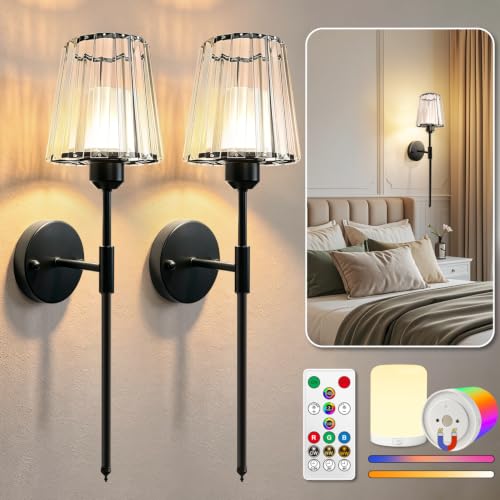 Adetu 23 inch Crystal Battery Operated Wall Sconce Set of 2 | Black Rechargeable Wall Sconce with 10000mAh Magnetic Bulbs, RGB Dimmable Wireless Wall Lamp for Bedroom Living Room - color: Black, size: 23 Inch