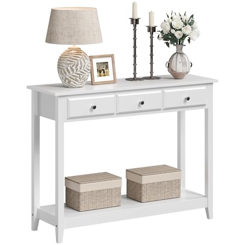 Yaheetech 42 Inch Narrow White Sofa Console Table with 3 Drawers and Shelf | White Entry Table for Living Room, Hallway and Entryway, Painted MDF, 13.5-Inch Slim Depth, 55 lb Top, Drawers Hide Clutter - color: White