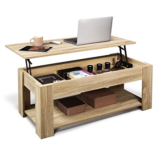 CAPHAUS Lift Top Coffee Table w/Storage, Storage Coffee Table w/Lift Top for Living Room, Rising Tabletop Coffee Table w/Hidden Compartment, Coffee Table w/Bottom Open Shelf, 41" Natural Oak - color: Natural Oak, size: 41"