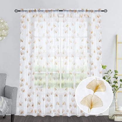 Gold Foil Print Sheer Curtains 84 inches Long, 2 Panels Ginkgo Bronzing Treatment Sheer Curtain, Rod Pocket Window Treatment Panels for Bedroom Living Room - color: Ginkgo/Gold/White, size: 52"W x 84"L (Pack of 2)