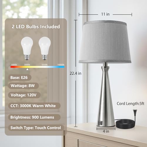 Modern Touch Lamps for Nightstand, 3 Way Dimmable Bedroom Lamp Set of 2 | USB C+A Charging Ports, Silver Bedside Lamps for Bedroom, Living Room, End Table, Bed Side, LED Bulb Included - color: B. Silver Base-Grey Shade