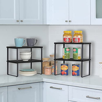 CADUKE Set of 4 Kitchen Counter Shelves, Cabinet Organizer, Black | Wood Countertop Shelves, Stackable Shelf Organizer, Expandable Cabinet Shelf, For Pantry, Industrial - color: Black