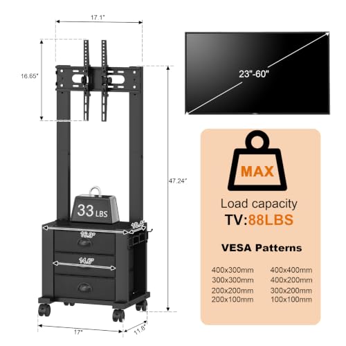 Rolling TV Stand with 3 Drawers for 23-60 Inch TVs with Storage | Hidden Storage, Height Adjustable Tilt Mount, Lockable Wheels, Dual Steel Frame, VESA Compatible for Bedroom & Living Room - size: 3 Drawers