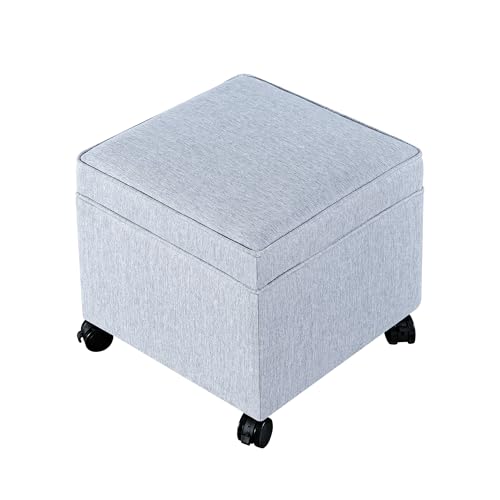 17" Square Storage Ottoman with Wheels, Upholstered Linen Movable Cube Footrest & Extra Seat with Flip Top for Living Room, Bedroom, Blue Grey - color: Blue Grey With Wheels