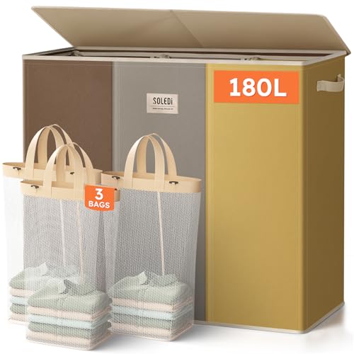 SOLEDI 180L 3-Section Laundry Hamper with Lid, Extra Large Dirty Clothes Basket with Sturdy Handles for Laundry Room & Bedroom - Durable Organizer for Sorting Laundry - color: Brown/Grey/Yellow, size: 180L
