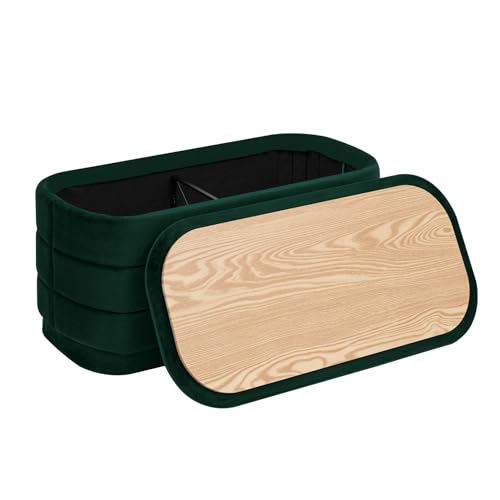 30" Velvet Storage Ottoman Bench with Wooden Tray Lid, Folding Large Upholstered Ottoman Footstool for Living Room, Rectangular Padded Foot Rest for Bedroom Living Room Dorm, Bottle Green - color: Bottle Green, size: 30"D x 15"W x 15"H