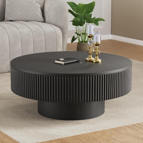 YOUDENOVA 31.5” Round Fluted Coffee Table, Modern Wood Circle Coffee Table, Veneer Handcrafted Relief Tea Table with Sturdy Pedestal for Living Room，Easy Assembly - Black - color: 31" All Black-round