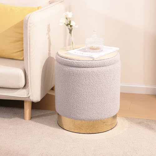 YYW HOME Round Ottoman with Storage Set of 2 Gray Sherpa Vanity Stool | Removable Lid, Gold and Gray Ottoman,Hidden Storage Stool, Small Coffee Table for Living Room,Nest Packing, Assembly Free - color: Teddy Gray